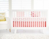 Unisex Aztec Coral and Gold Baby Bedding | Coral, Gold, & White | Coral and Gold Crib Sheet | Aztec