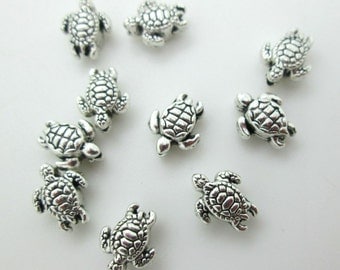 Tiny Sea Turtle Bead, Pewter Turtle Bead, Sea Turtle Charm, 9x7mm Turtle Bead (10)