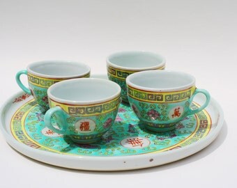 Aquamarine Set of 4 Tea Cups and Platter , Chinese Tea Cup Set , Porcelain Chinese , Chinese Pottery , Famille Rose , Mun Shou China