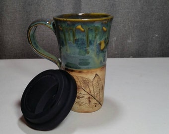 Made to Order(Up to 3 weeks)* Stoneware Travel mug / Commuter mug with silicone lid - Olive Blue /Leafs