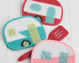 Vintage Camper Hot Pads Pattern, Atkinson Designs ATK-180 Snack Shack Hot Pads, Travel Trailer Pot Holder Pattern, Camping Potholder Pattern