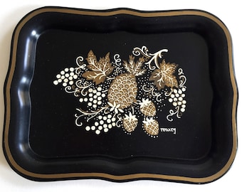 Mini MAXEY Metal Tray Black with Golden Pineapple Strawberries Coshocton, Ohio Length 8 1/4"