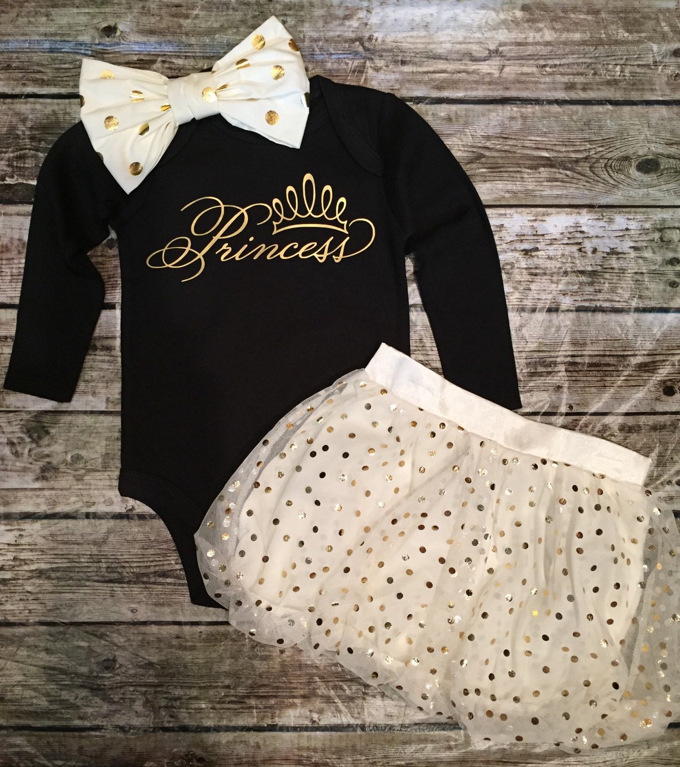 Baby Girl Princess Onesie Gold and Black Onesie by BellaPiccoli