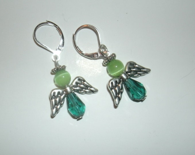 Green Angel Earrings - teal/green, Swarovski Crystal teardrops, cats eye beads, silver plated halos & wings, leverback, gift for her, faith