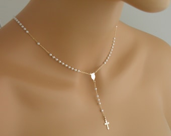 Gold Filled Little Pearl Rosary Necklace w/ Clasp