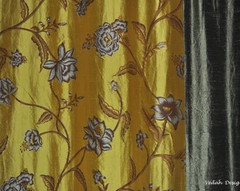 Made to order Luxurious Drapery in Gold and Olive green silk Dupioni fabric Floral printed wholesale Indian curtains Indian Draperies