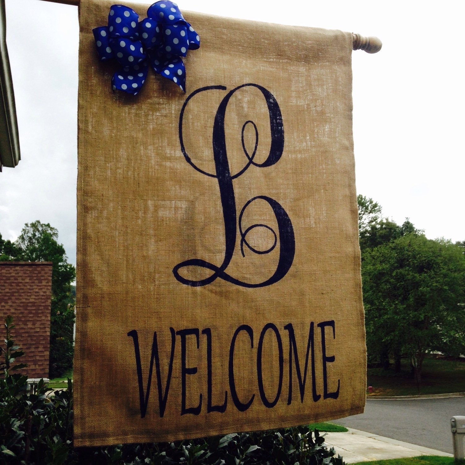 Large Burlap House Flag With Monogram Initial and Welcome