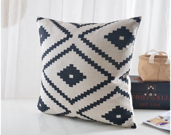 Natural/ Black Aztec Pillow cover, geometric printed cotton linen cushion cover/pillow case / cushion shell 22x22"/24x24"