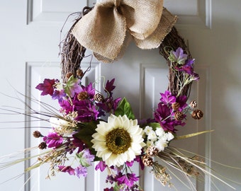 Fall Wreath White Purple Wedding Wreath, Rustic Wreath Pine Cones , Wildflowers Country Wreaths,Wedding Wreath,Wedding Decor,Outdoor Wedding
