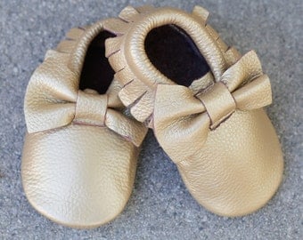Genuine Leather Mac&Lou Baby Toddler Moccasins Fringe Bow Babies Booties Shoes Baby Shower Gift Christmas Gift Gold