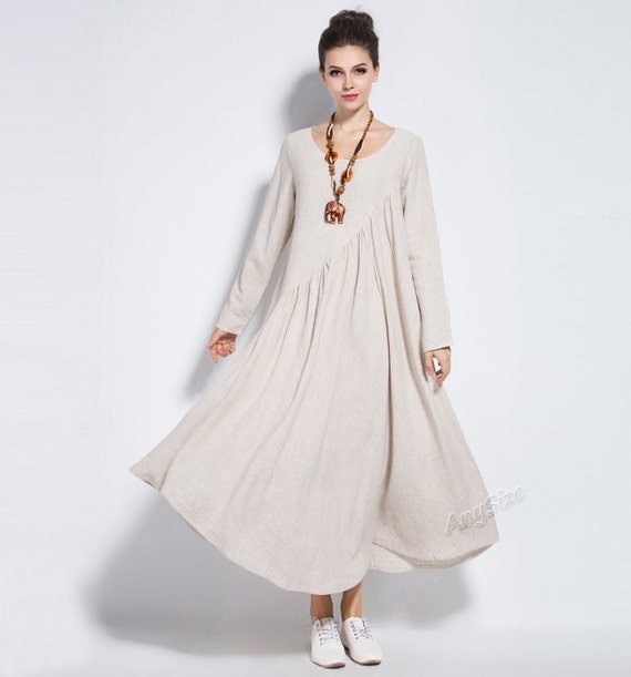 Anysize linen&cotton maxi dress with sides seam pockets plus