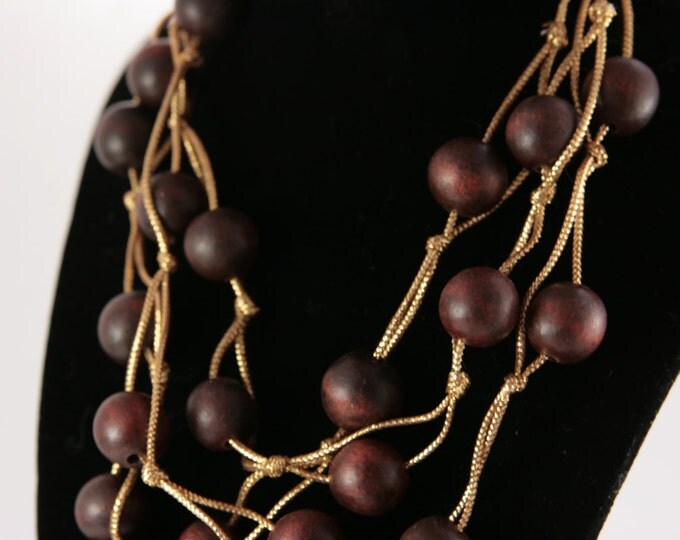 Wood Necklace Necklace of Wooden Beads and Gold strings marked NY 3 Strand Boho Tree Beads