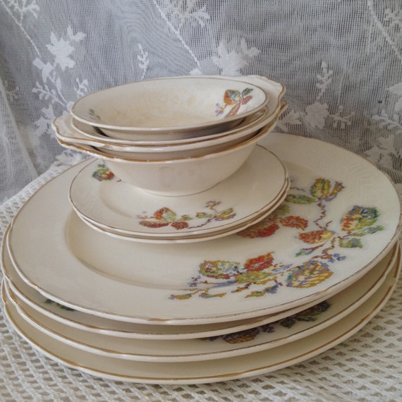 Crooksville China Co Petit Point Plates Bowls Lot Cro13