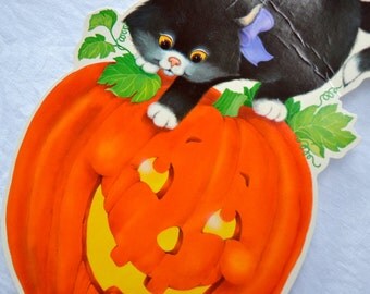 Vintage Halloween Black Cat Die Cut Decoration - Kitten on JOL Pumpkin Hallmark