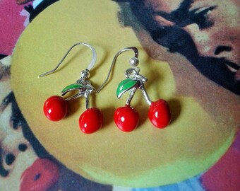 Cherry Earrings,Rockabilly Earrings,Pin Up Style,Kitsch Earrings,Novelty Jewelry,Fruit Accessories,Red Cherry Drops,Rockabilly Jewelry