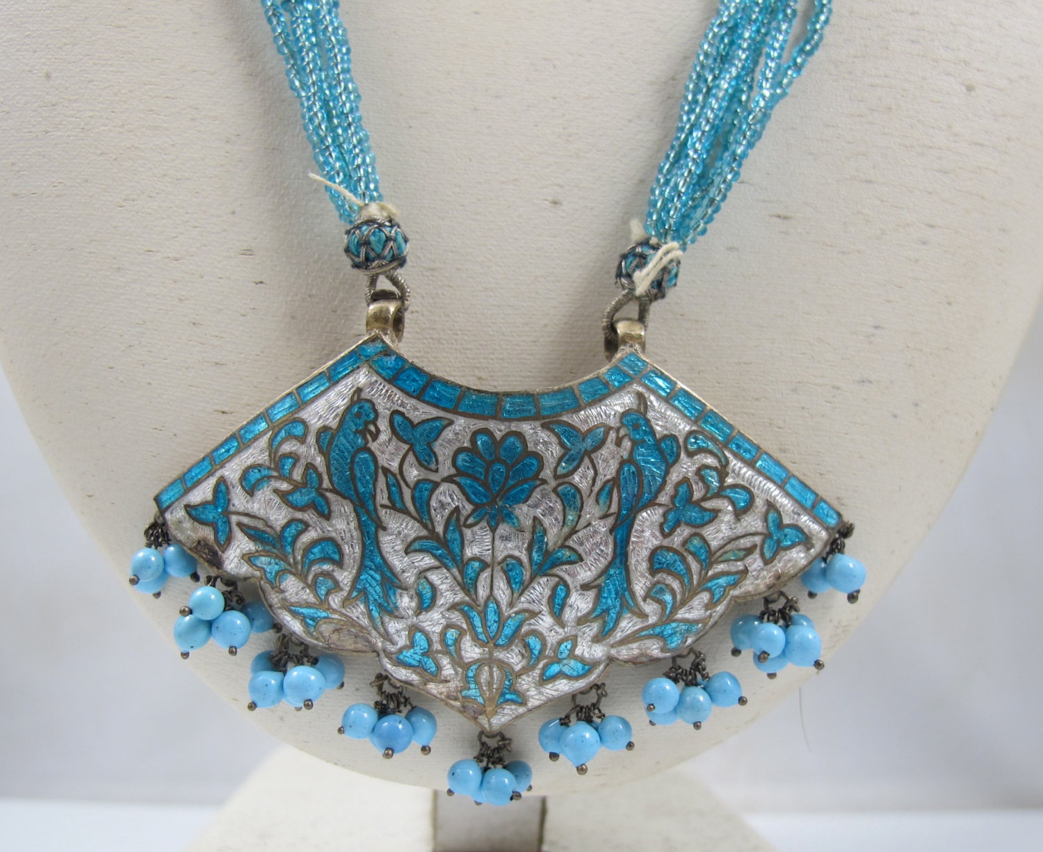 Indian Lac Enamel Necklace Vintage Turquoise White Gold Silver