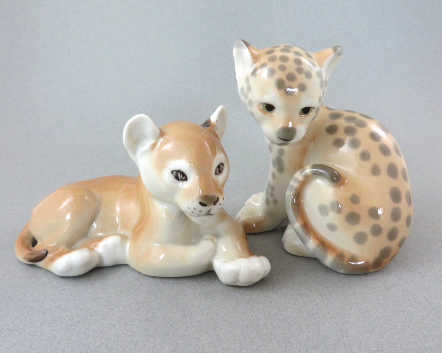 Vintage Lomonosov Porcelain Lion and Leopard Cub Figurines