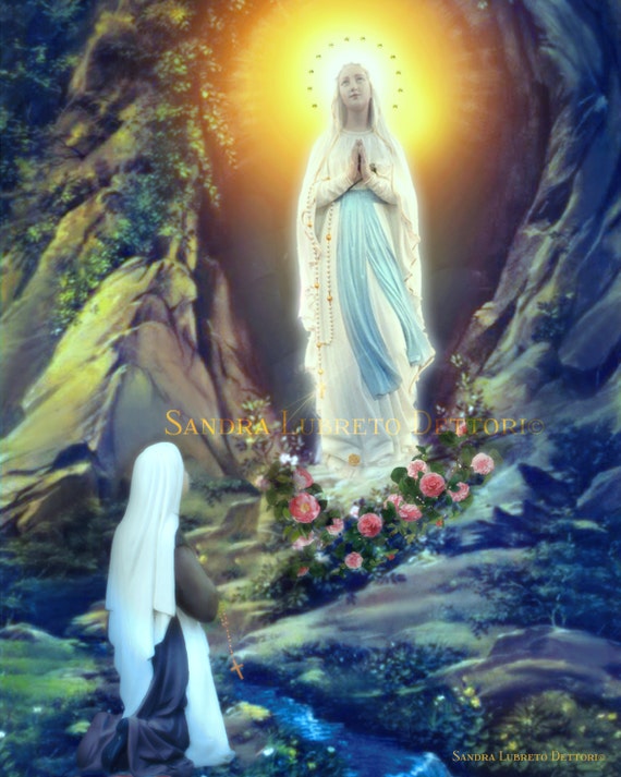 Our Lady Of Lourdes And Saint Bernadette Catholic Art Print By