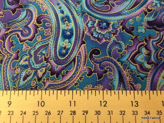 Blue Purple Paisley Fabric By the Yard Metallic Gold Etched