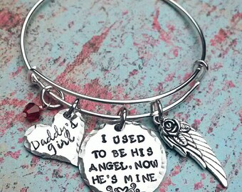 I used to be his angel, now he's mine - Bangle bracelet - Expandable Style Bracelet - Hand Stamped - Daddy - Memorial Bracelet