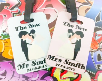 Mr and Mrs luggage tags, wedding present, honeymoon, holiday gift