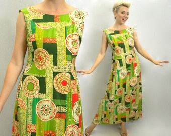 70s Green Hawaiian Tiki Maxi Dress | TikiPrint Long Sleeveless Dress | Malihini Hawaii | Medium