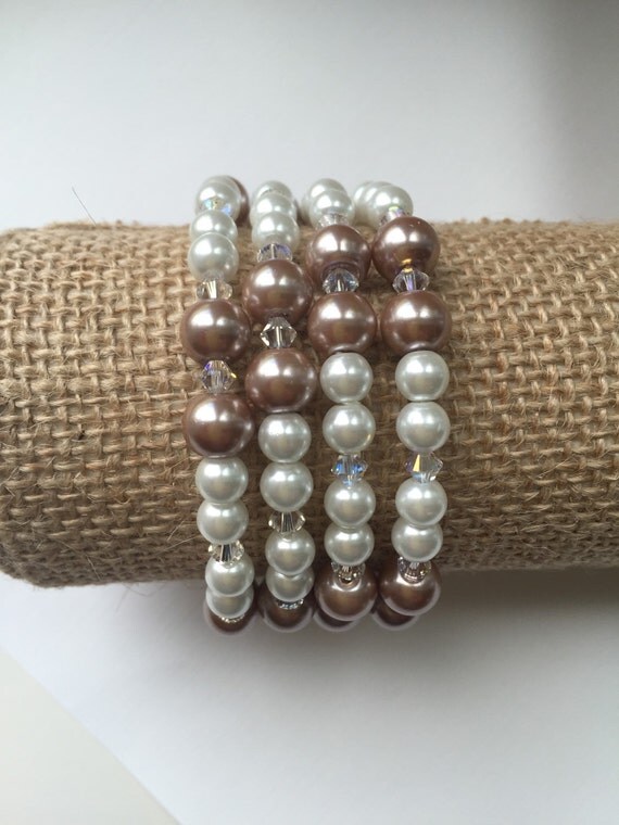 Items similar to White faux pearl beaded wrap bracelet, pearl and Swarvoski glass beaded