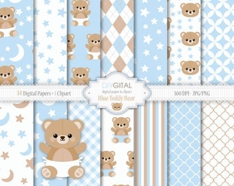 Blue Teddy Bear Digital Paper Set- Bear Clipart included - Lullaby backgrounds with stars, moon, teddy bear-Baby Shower-Baby Boy-New baby