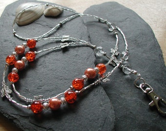ID Lanyard Badge Holder "Orange Butterfly" Glass Beads Card Holder Necklace