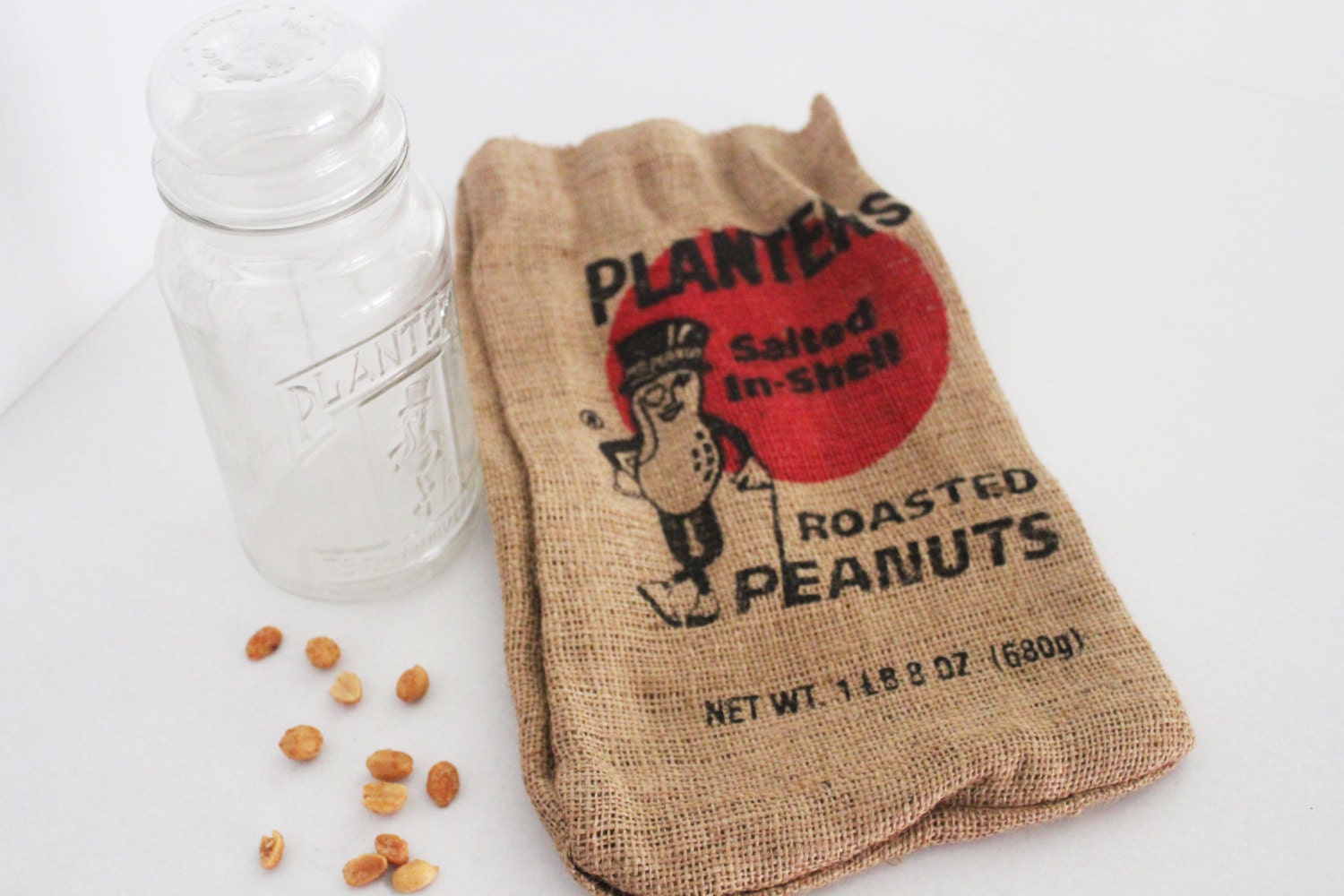 Vintage Planters Peanuts Burlap Sack and Glass Jar1500 x 1000