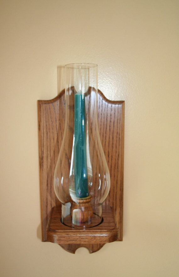 Vintage Handmade Oak Wall Candle Sconce with Glass Globe