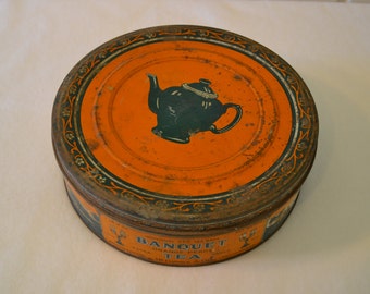 Early Tea Tin, Large Round Banquet Tea tin, vintage tea tin