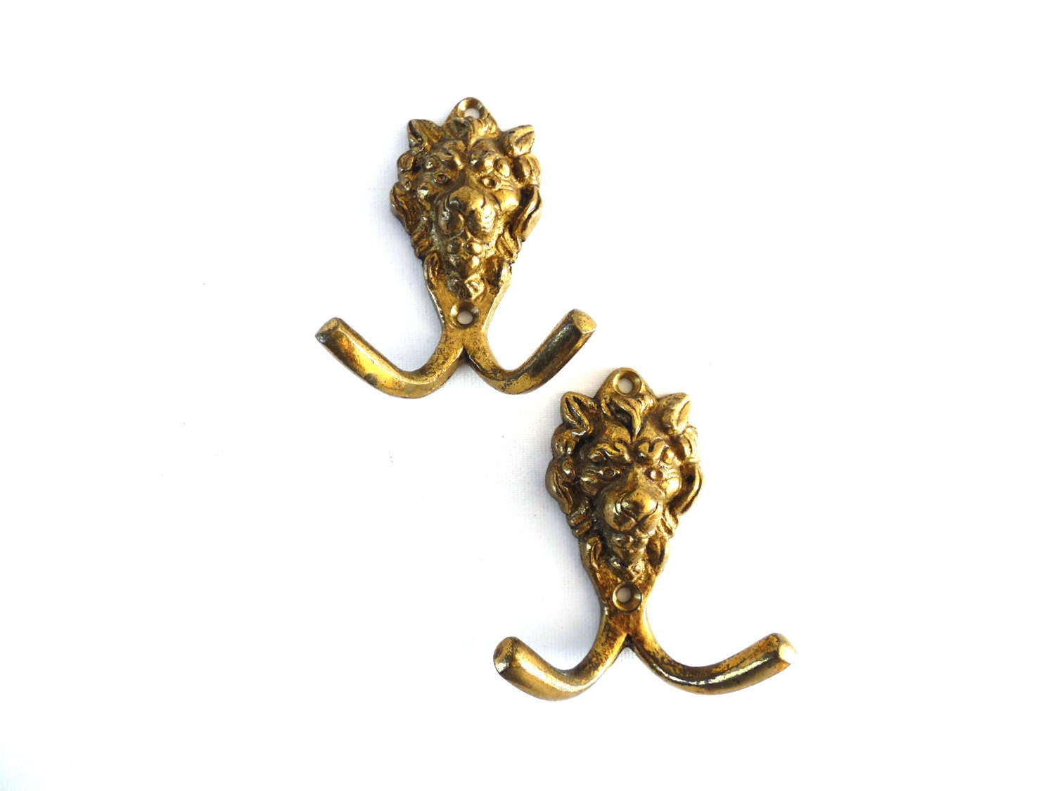 Wall hooks / Set of 2 Small Brass Lion Head Coat hook / Wall hooks