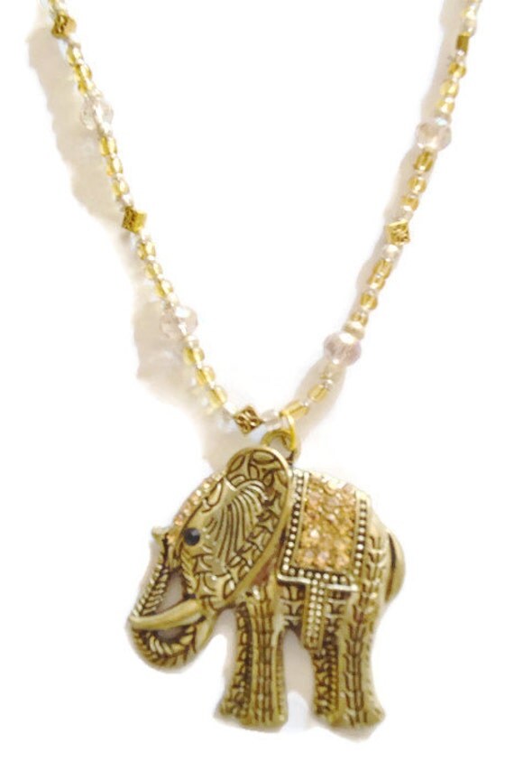 Gold Elephant Necklace// Beaded Elephant// Gold by Klouture