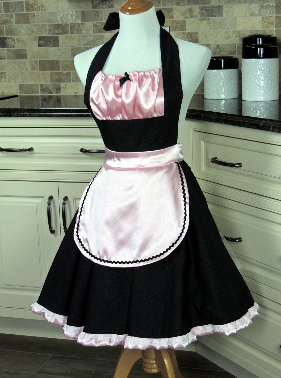FRENCH MAID Costume Apron Photo Prop Pink Satin and Black