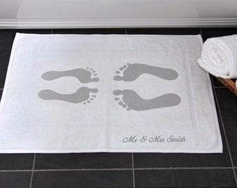 Personalised Wedding Gift, Bath Mat, Cotton 2nd Anniversary, Footprints, Mr & Mrs, Just Married, Choose Any Text