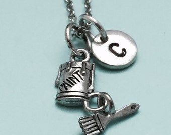 Paint and brush necklace, paint and brush charm, painting necklace, personalized necklace, initial necklace, initial charm, monogram