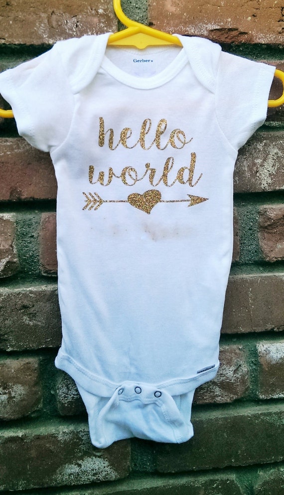  Hello  World  with heart arrow Gold Glitter Onesie  Newborn