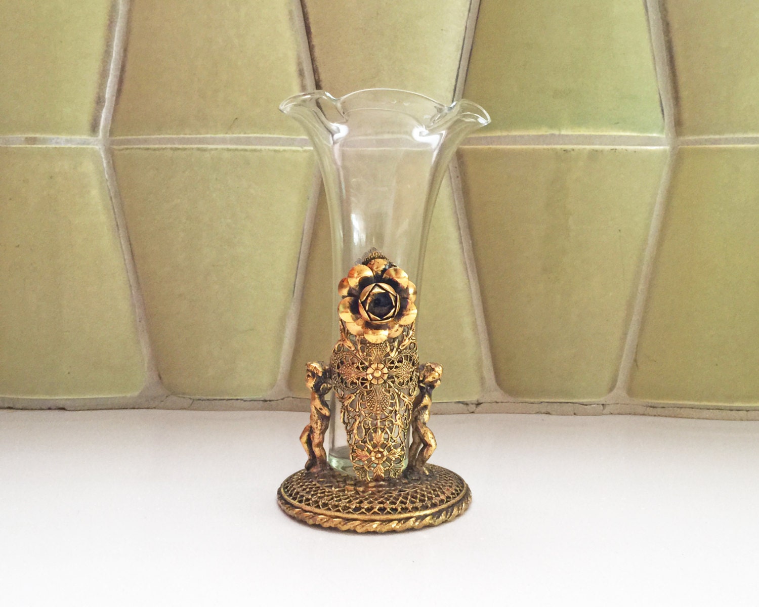 Vintage Ornate French Gold Glass Vase Antique Decorative