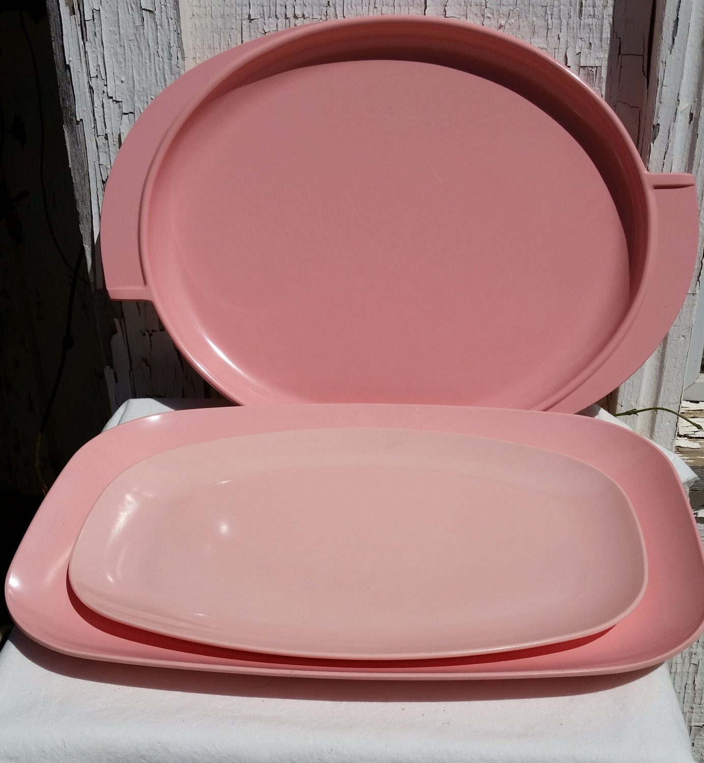 Set Of Three Vintage Mid Century Shell Pink Melmac Trays Platters Beverly Prolon Boonton And