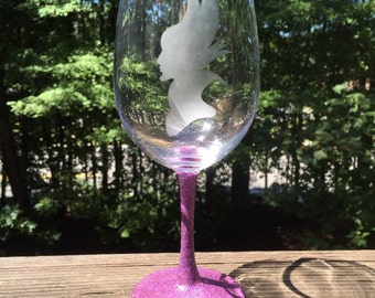 Maleficent etched wine glass with dark purple glittered stem inspired by Disney's Sleeping Beauty