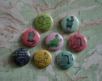 hand drawn 1 inch buttons / punk rock time / skateboarding / cactus / wearable art