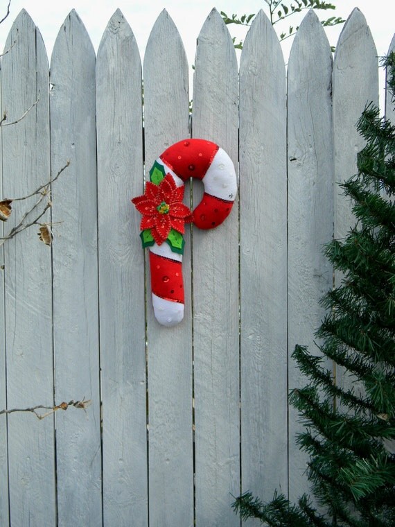 Christmas Candy Cane With Poinsettia Wall Ornament Winter