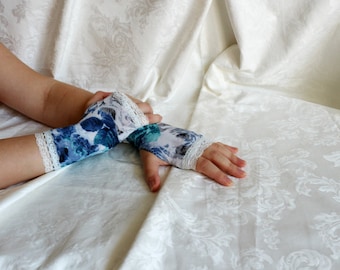 White-gray-blue short lolita floral rose armwarmers fingerless gloves
