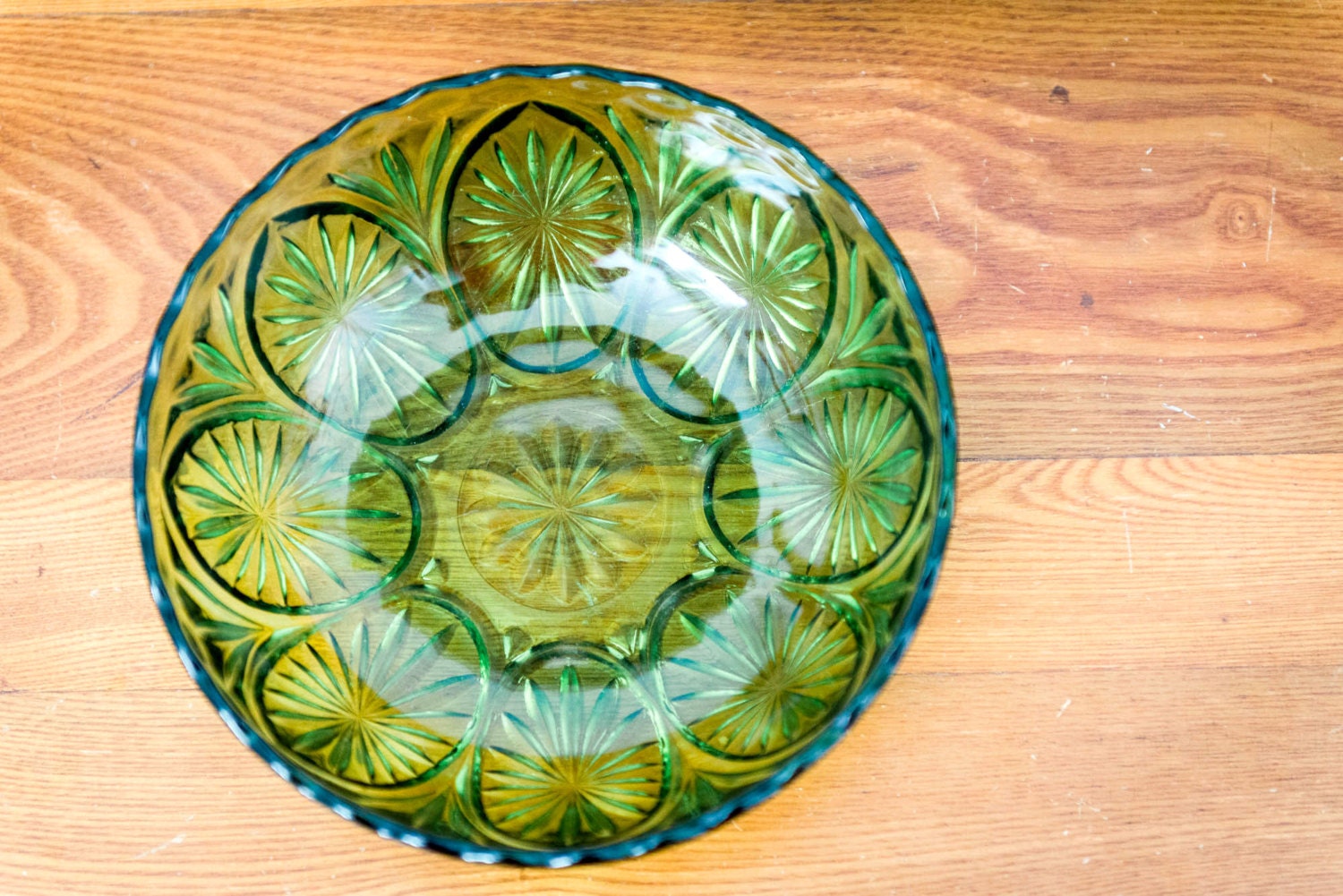 Vintage Art Deco Cut Glass Green Bowl Anchor Hocking Green