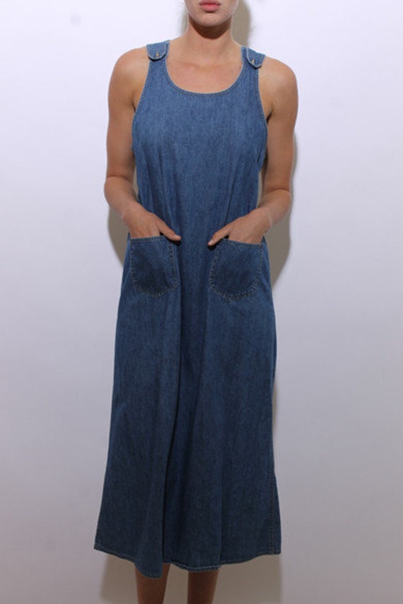 90s blue jeans maxi jumper dress romper pockets denim by shopBTMV