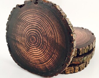 Natural Tree Wood Coasters with Bark & Dark Stain (4-Pack)
