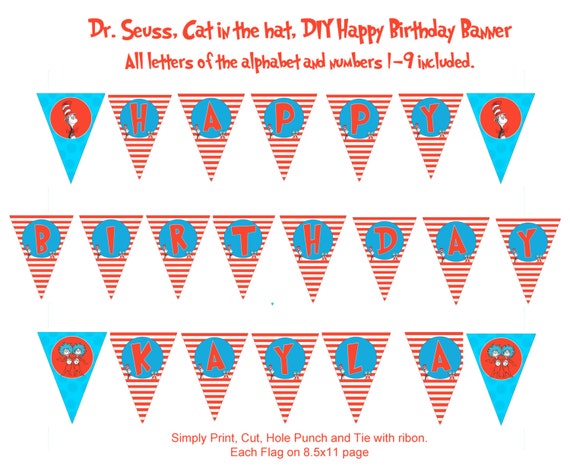 Dr. Seuss Cat in the hat DIY Happy Birthday Banner Happy