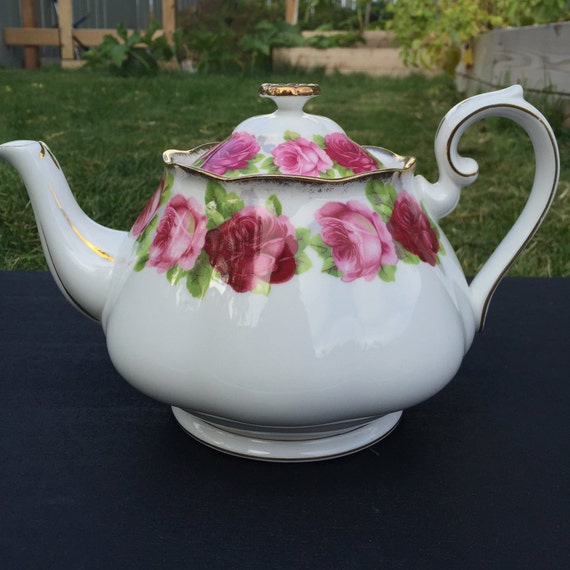 Royal Albert Old English Rose Teapot Red and Pink by CupandOwl