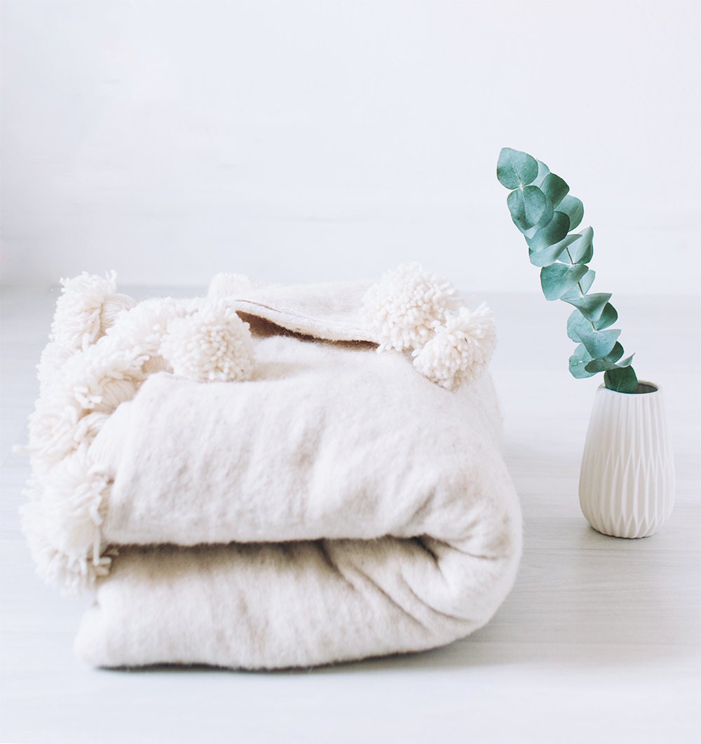 Moroccan Pom Pom Blanket Cream Wool Throw Berber Bohemian